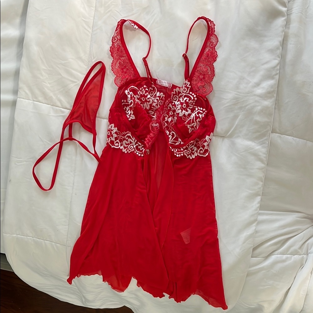 Scarlet Lace Chemise with Intricate Detailing